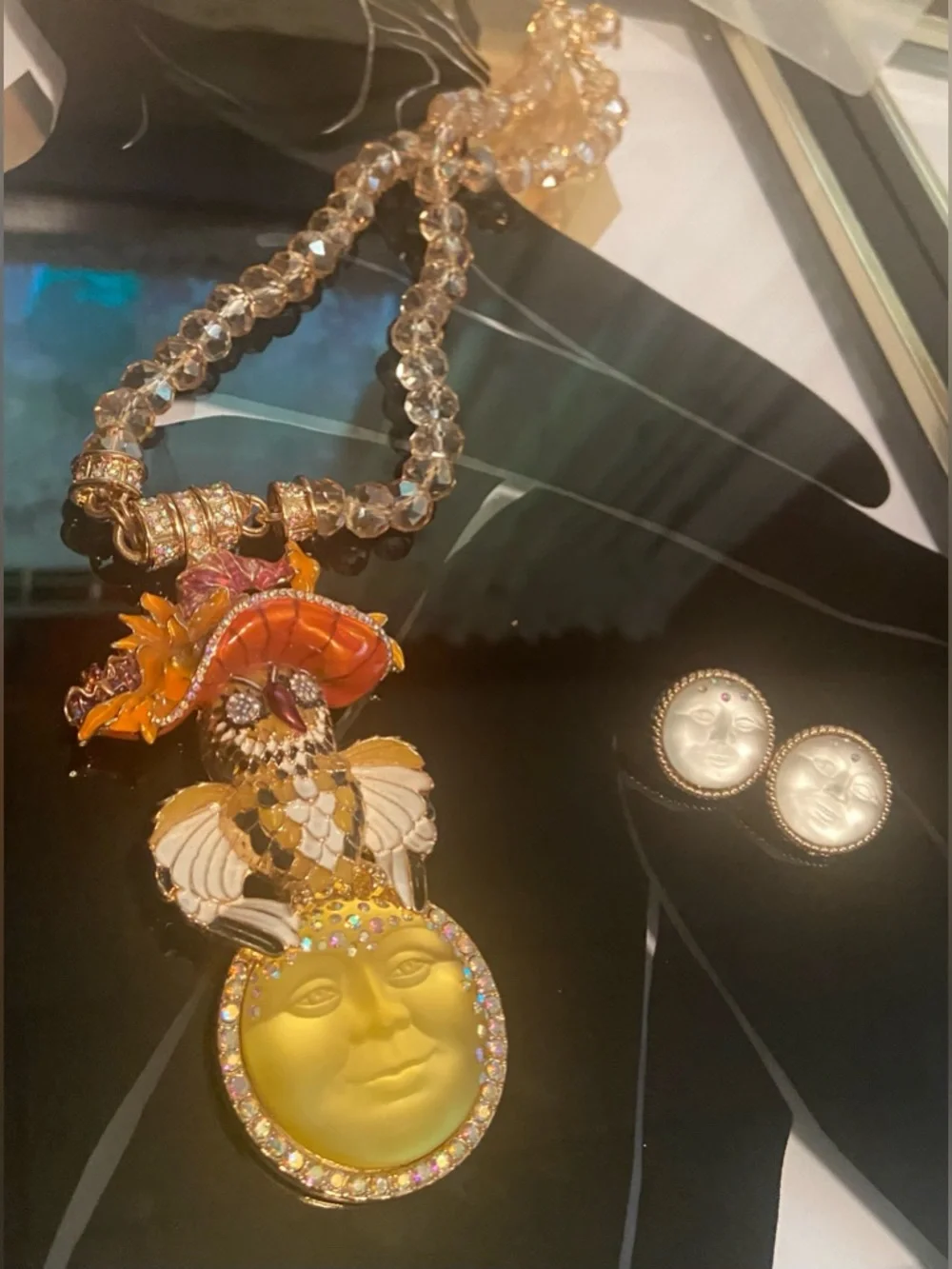 Kirks Folly Moon & Owl Magnetic Pendant/Necklace & Moon Earrings #81